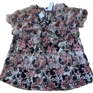 Lucky Brand NWT Ruffle Pink and Black Blouse Women’s Size Small